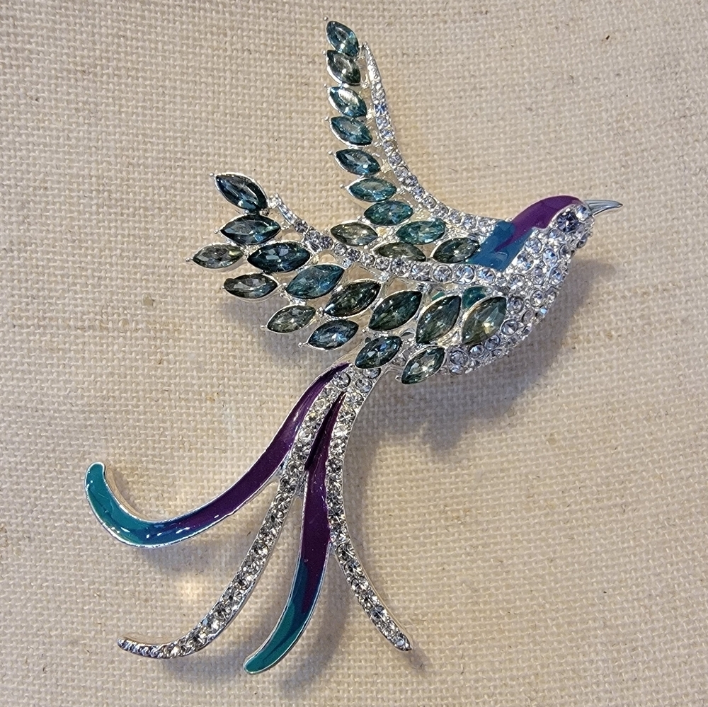 Anne Klein Rhinestone Enamel Bird Phoenix Brooch Pin Signed